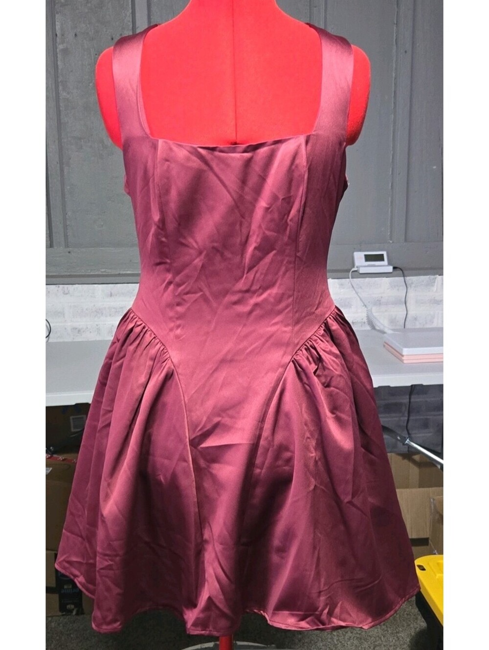 francesca's Burgundy Satin Fit & Flare Dress L Open Back Bow Square Neck Zip